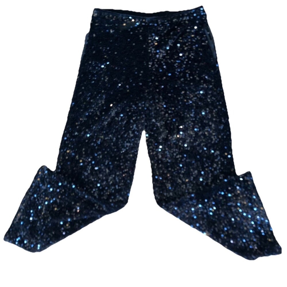 NINA LEONARD  L Black Palette Sequin Pants Trousers Velvet Trim Evening Pull On